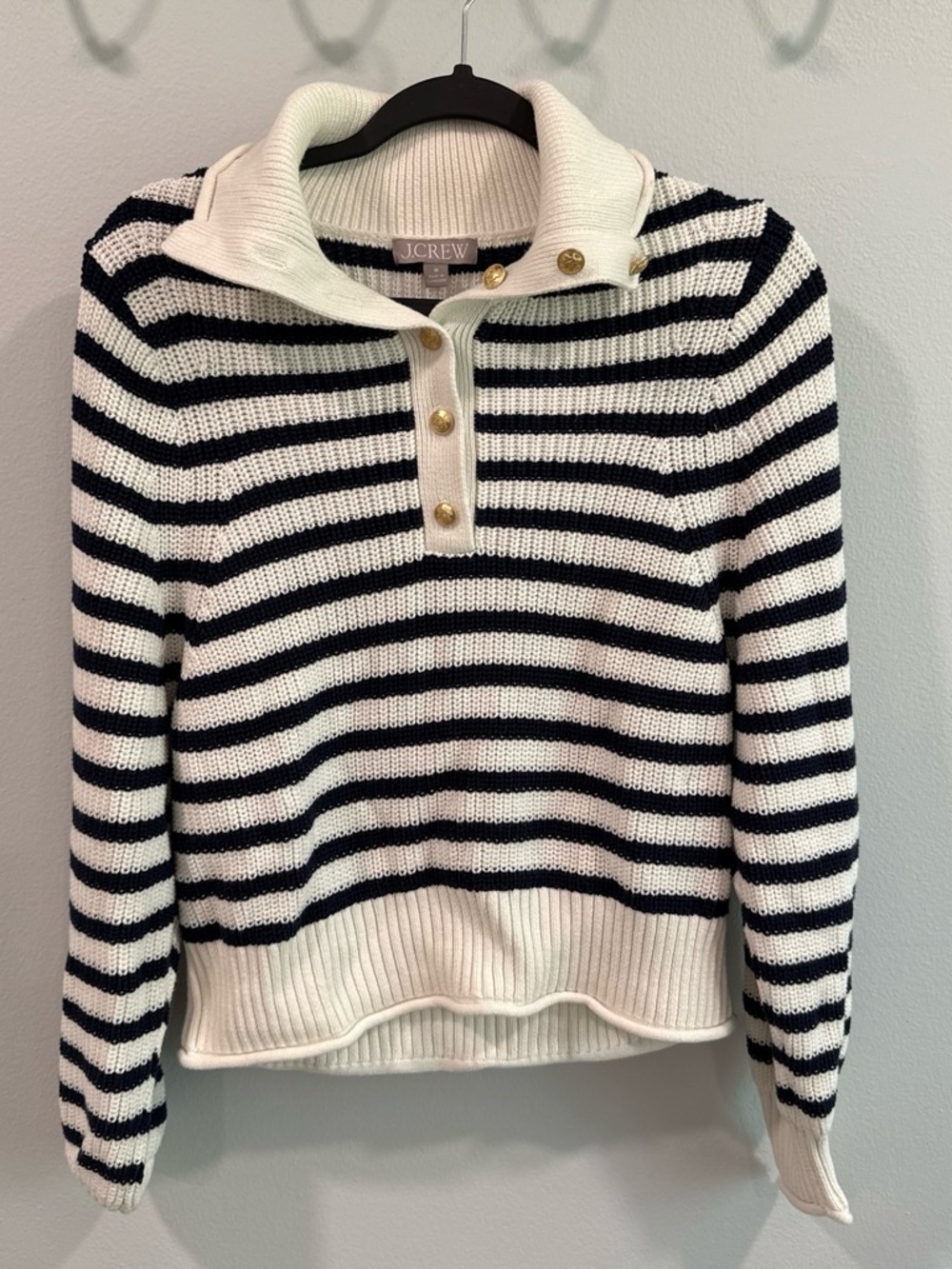 J. Crew Striped Button-Collar Sweater in Black & White